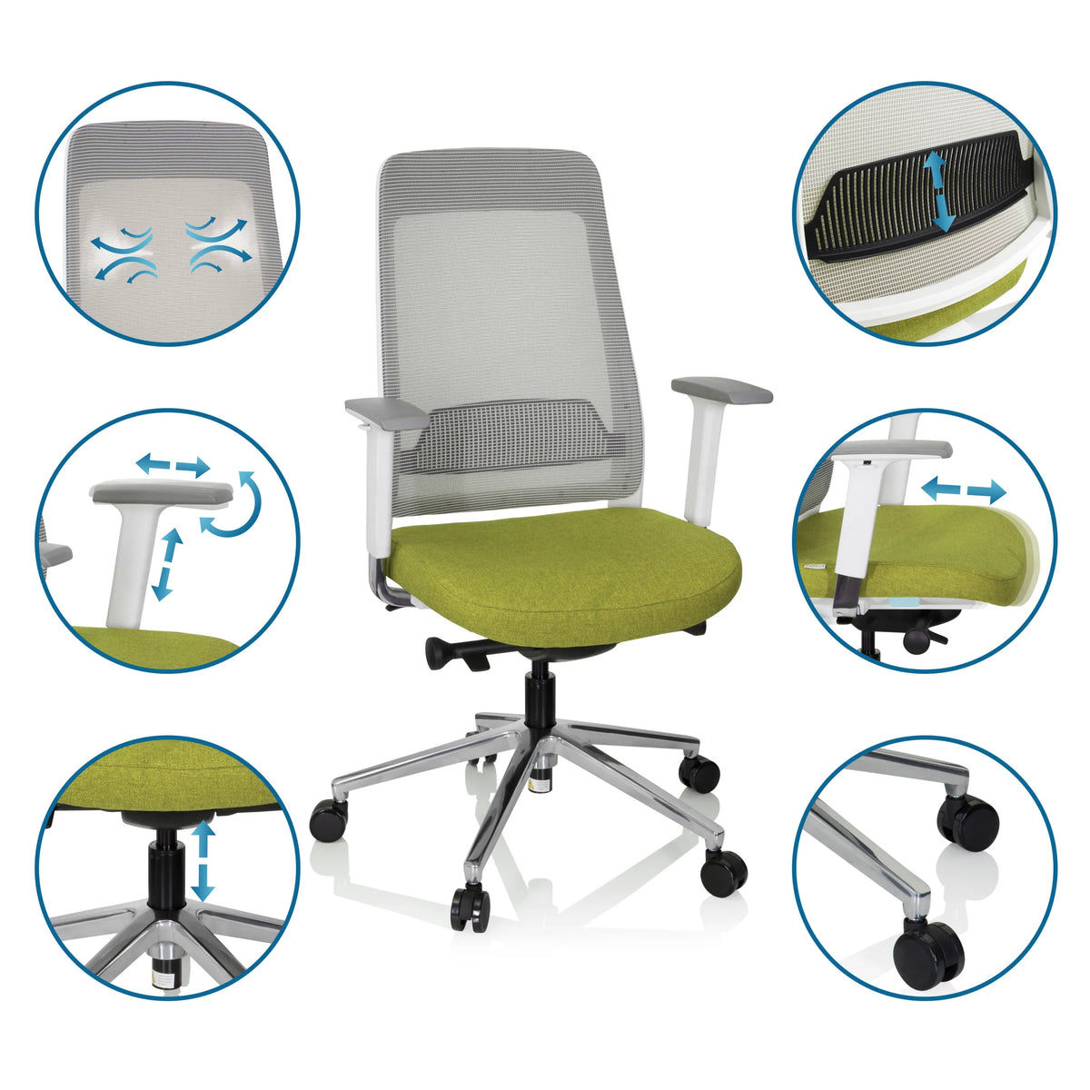 Profi-Bürostuhl CHIARO T2 WHITE in Grün und Grau mit verstellbaren Armlehnen und Lendenstütze von hjh OFFICE