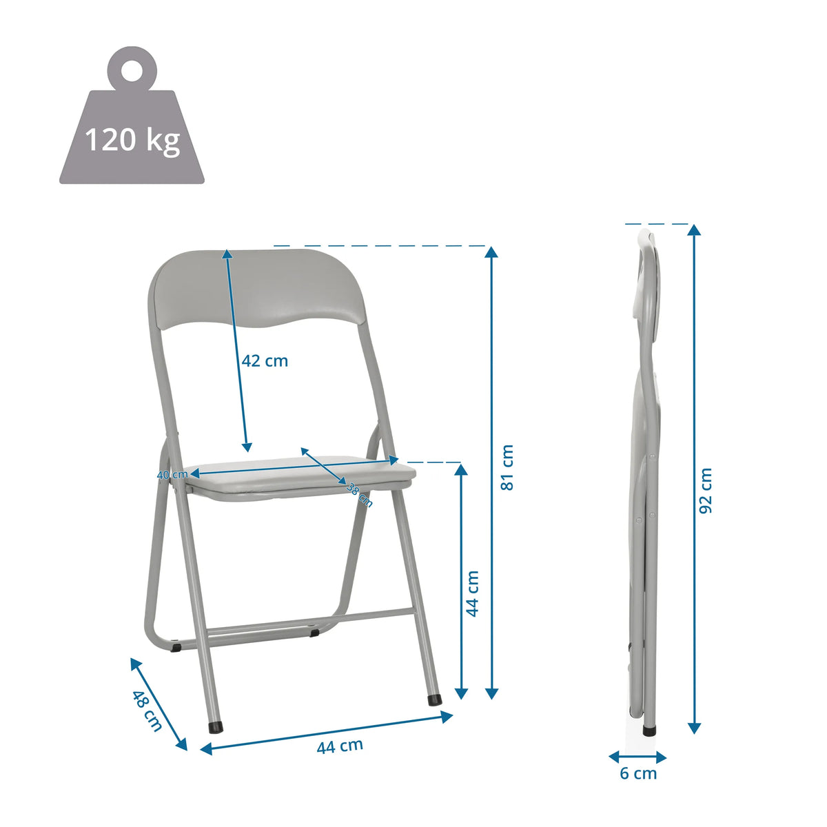 Maßzeichnung des Klappstuhls TUDELA BASIC mit einer Gesamthöhe von 92 cm und 120 kg Belastbarkeit von hjh OFFICE