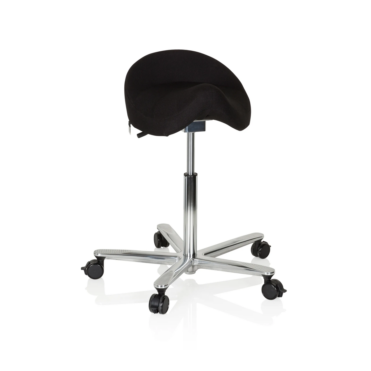 Schwarzer Sattelhocker MOVE-TEC 3D PRO I mit einem Fußkreuz mit fünf Rollen von hjh OFFICE – 360-Grad-Ansicht (Frontansicht 20°)
