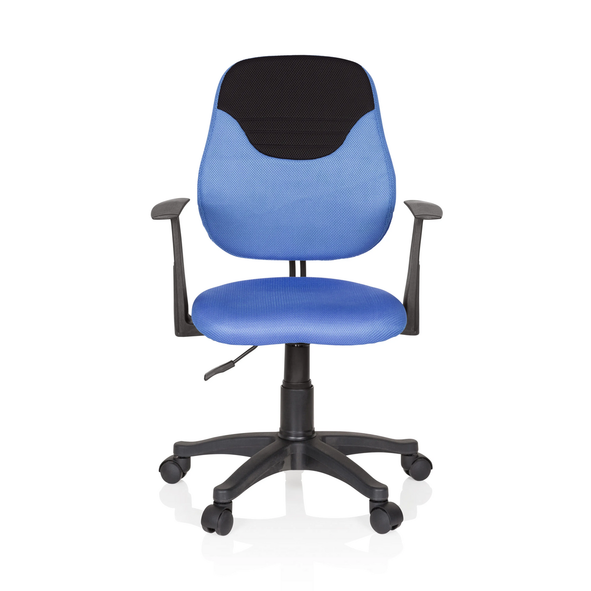 Blauer Kinderdrehstuhl KIDDY STYLE mit Netzrücken, Armlehnen und Fußkreuz mit fünf Rollen von hjh OFFICE – 360-Grad-Ansicht (Frontansicht 0°)