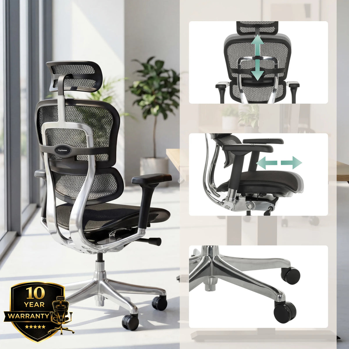 Luxus-Chefsessel ERGOHUMAN GEN2 mit verstellbarer Kopfstütze, Armlehnen und Rollen von hjh OFFICE (KI-generiertes Bild)
