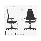 Technische Zeichnung des High-End-Bürostuhls ZERO 51 AL mit einer maximalen Belastbarkeit von 125 kg von Sitwell Steifensand