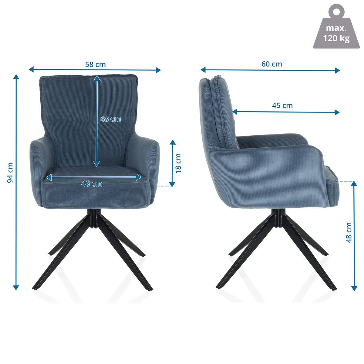 Maßzeichnung des Polsterstuhls TARUGO mit einer Gesamthöhe von 94 cm und einer Breite von 58 cm von hjh LIVING