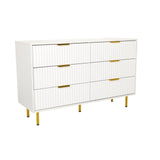 Weißes Sideboard HJELLE mit sechs Schubladen, geriffelten Fronten und goldenen Beinen von hjh LIVING – 360-Grad-Ansicht (schräge Frontansicht 30°)