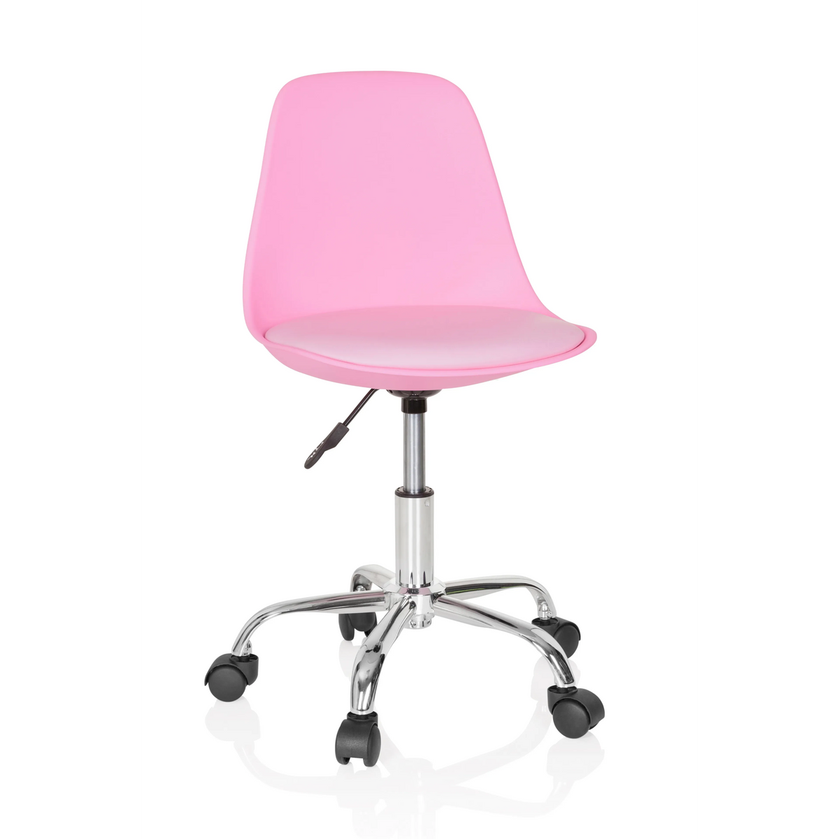 Pinker Kinderdrehstuhl FANCY II mit geschwungener Schale und Fußkreuz mit fünf Rollen von hjh OFFICE – 360-Grad-Ansicht (Frontansicht 20°)
