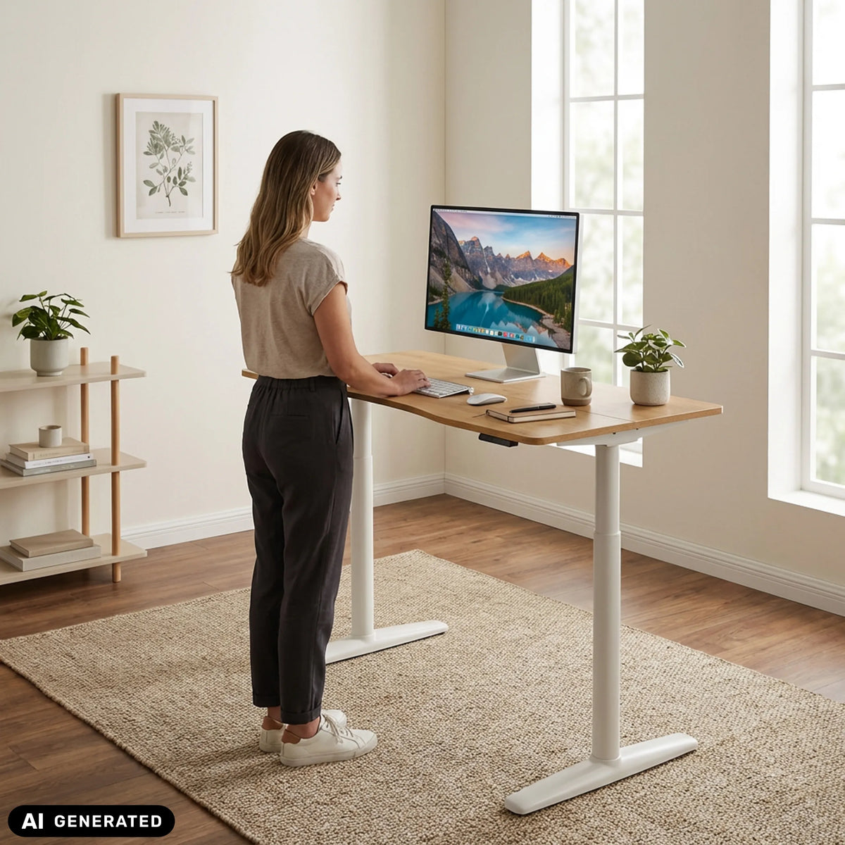 Elektrisch höhenverstellbarer Schreibtisch STAND PRO R in Eiche-Optik mit weißem Gestell von hjh OFFICE (KI-generiertes Bild)