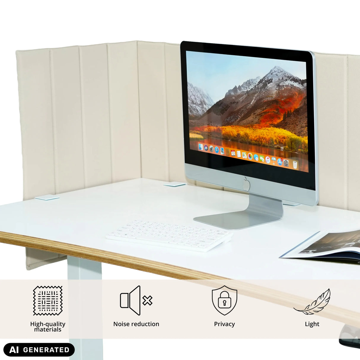 Beige Tischtrennwand FLEXMIUT ROLL an einem weißen Schreibtisch mit Monitor und Tastatur von hjh OFFICE