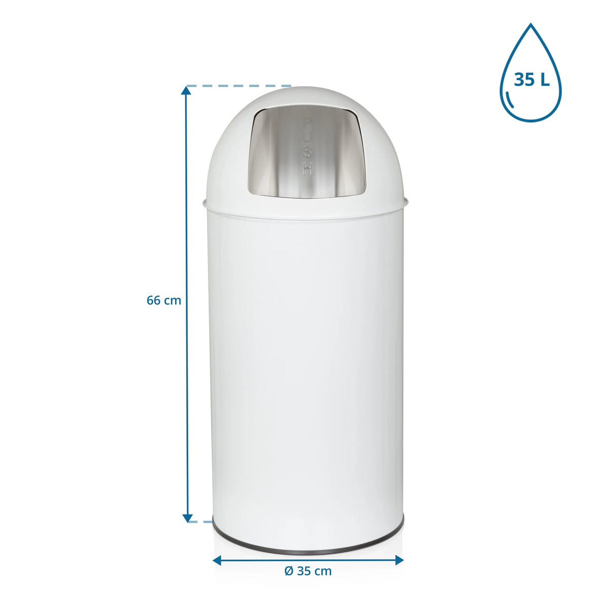 Maßansicht des Mülleimers PUSH 35L mit einer Höhe von 66 cm und einem Durchmesser von 35 cm von hjh OFFICE