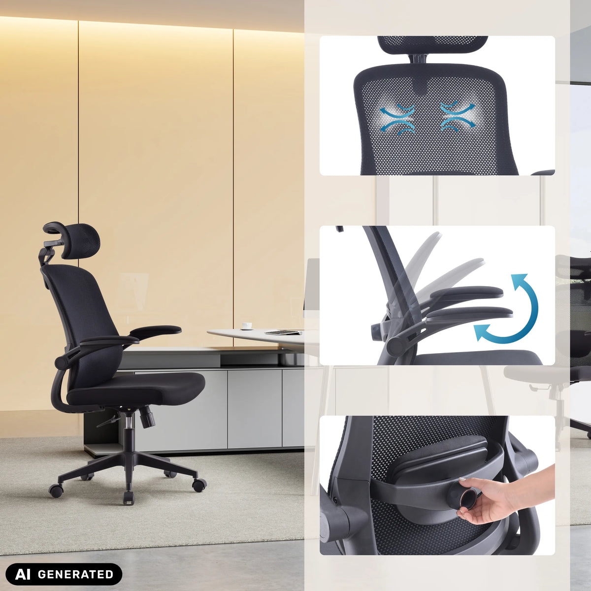 Homeoffice-Bürostuhl Vertuflex mit verstellbarer Kopfstütze und Armlehnen in Schwarz von MyBuero (KI-generiertes Bild)