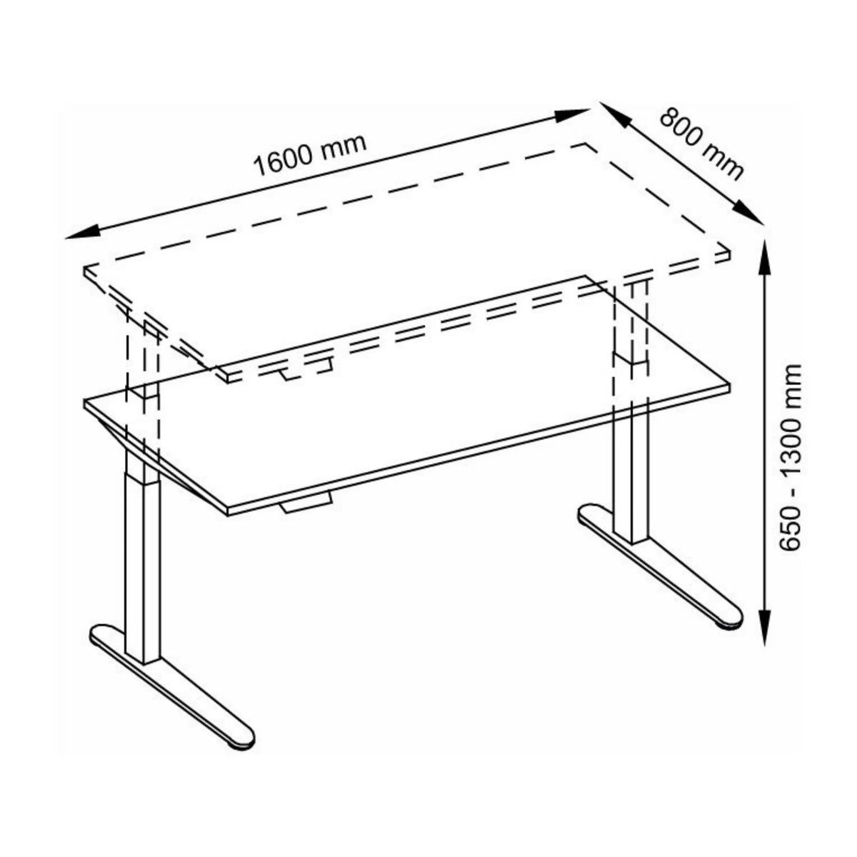 Technische Zeichnung des Schreibtischs XBHM 16 GC mit 1600 × 800 mm von hjh OFFICE PRO