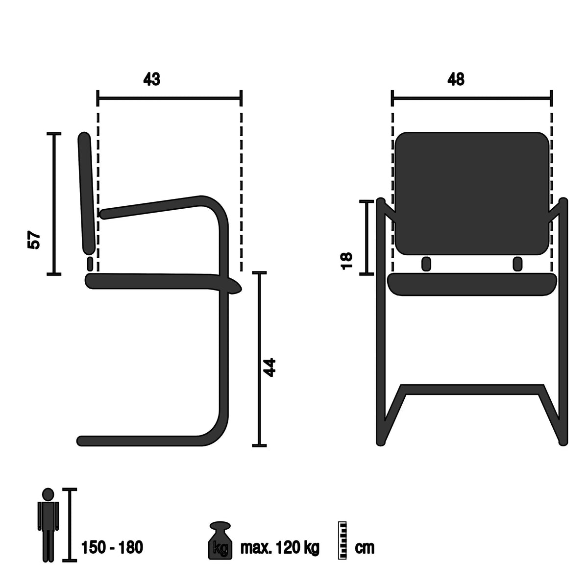Technische Zeichnung des Freischwingers MILESTON V mit einer Breite von 48 cm von hjh OFFICE