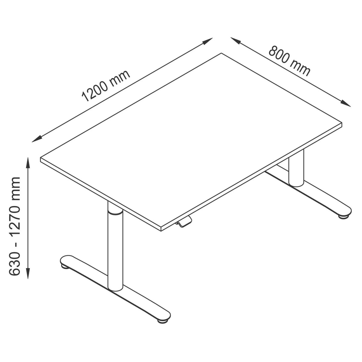 Technische Zeichnung des Schreibtischs XDLR 12 S mit 1200 × 800 mm von hjh OFFICE PRO