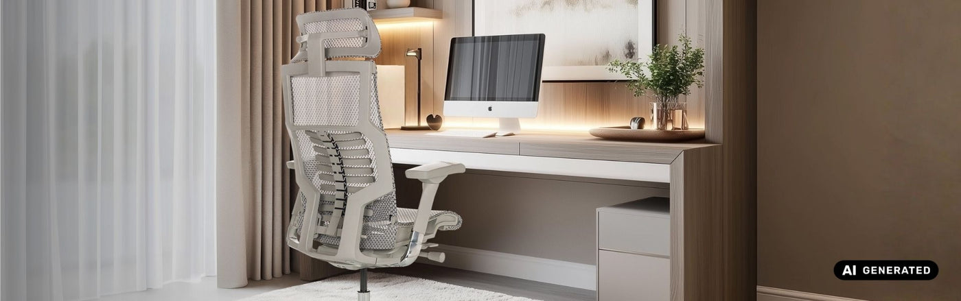 Ein grauer Bürostuhl steht in einem edlen Home Office vor einem Schreibtisch.