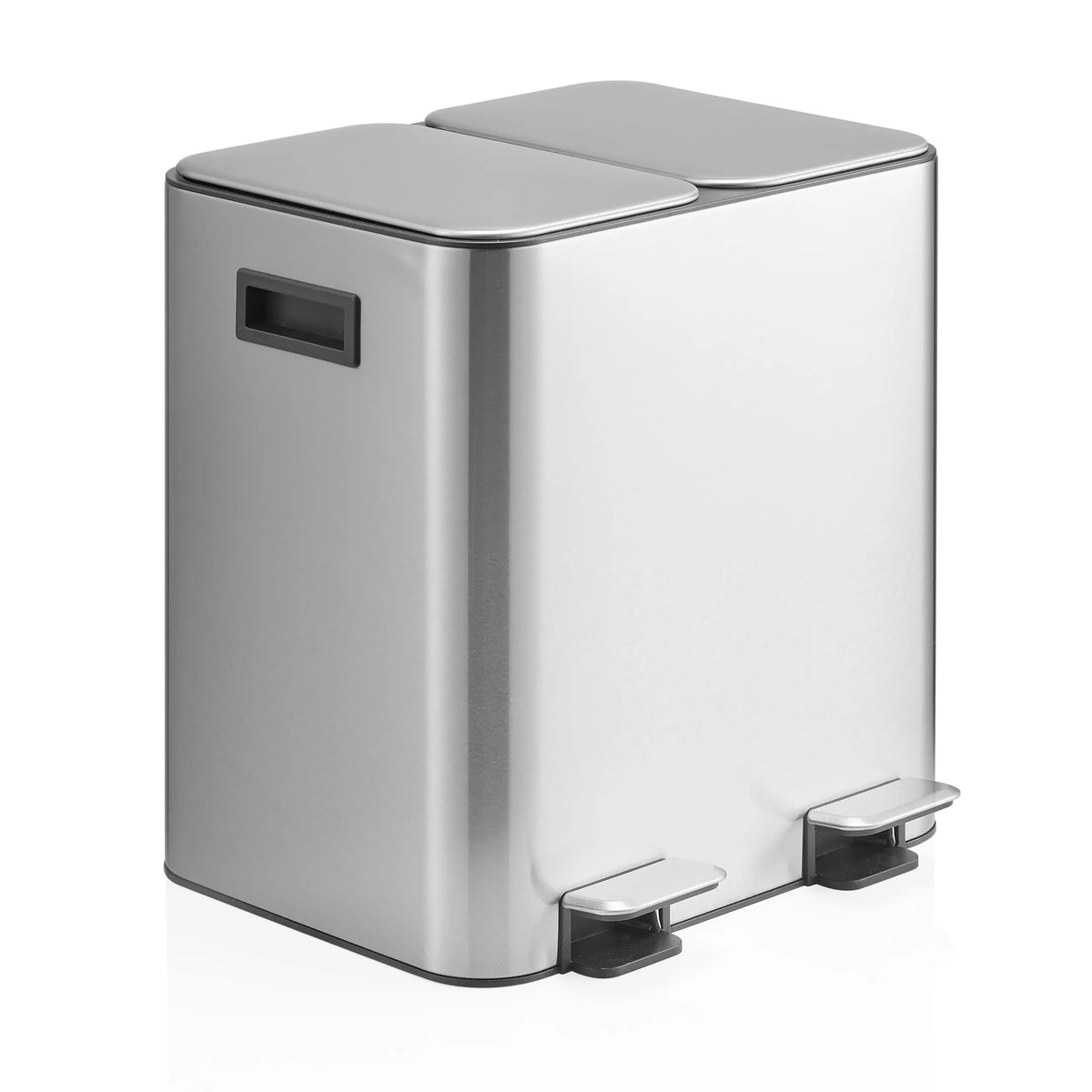 Silberner Mülleimer Clean 10 mit zwei geteilten Deckeln und zwei Trittpedalen von hjh OFFICE – 360-Grad-Ansicht (schräge Frontansicht 45°)