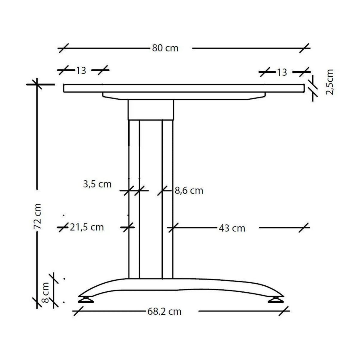 Maßzeichnung des Schreibtischs BELA 82 S mit einer Breite von 80 cm und einer Höhe von 72 cm von hjh OFFICE PRO