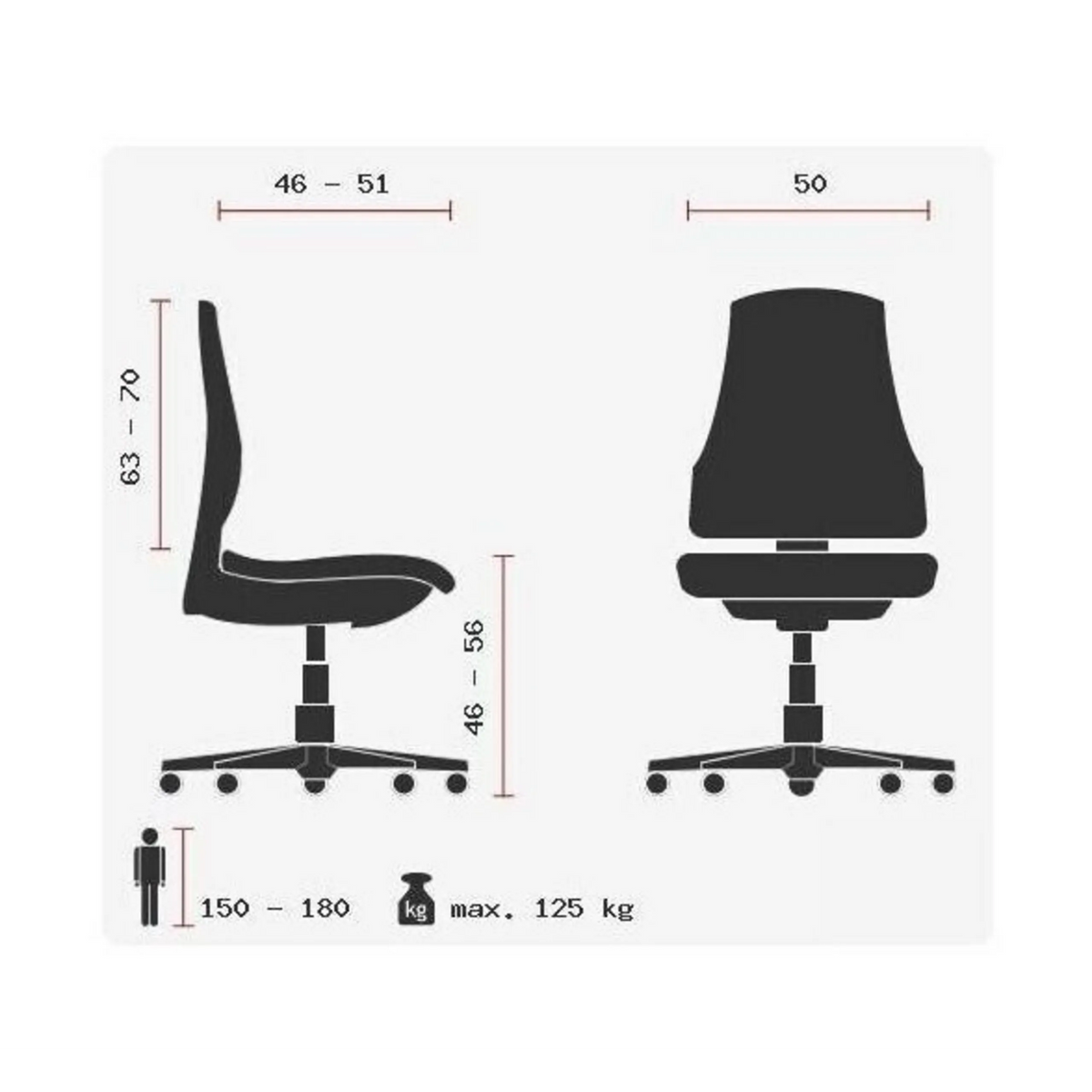 Technische Zeichnung des High-End-Bürostuhls ZERO L15 mit maximal 125 kg Belastbarkeit von Sitwell Steifensand