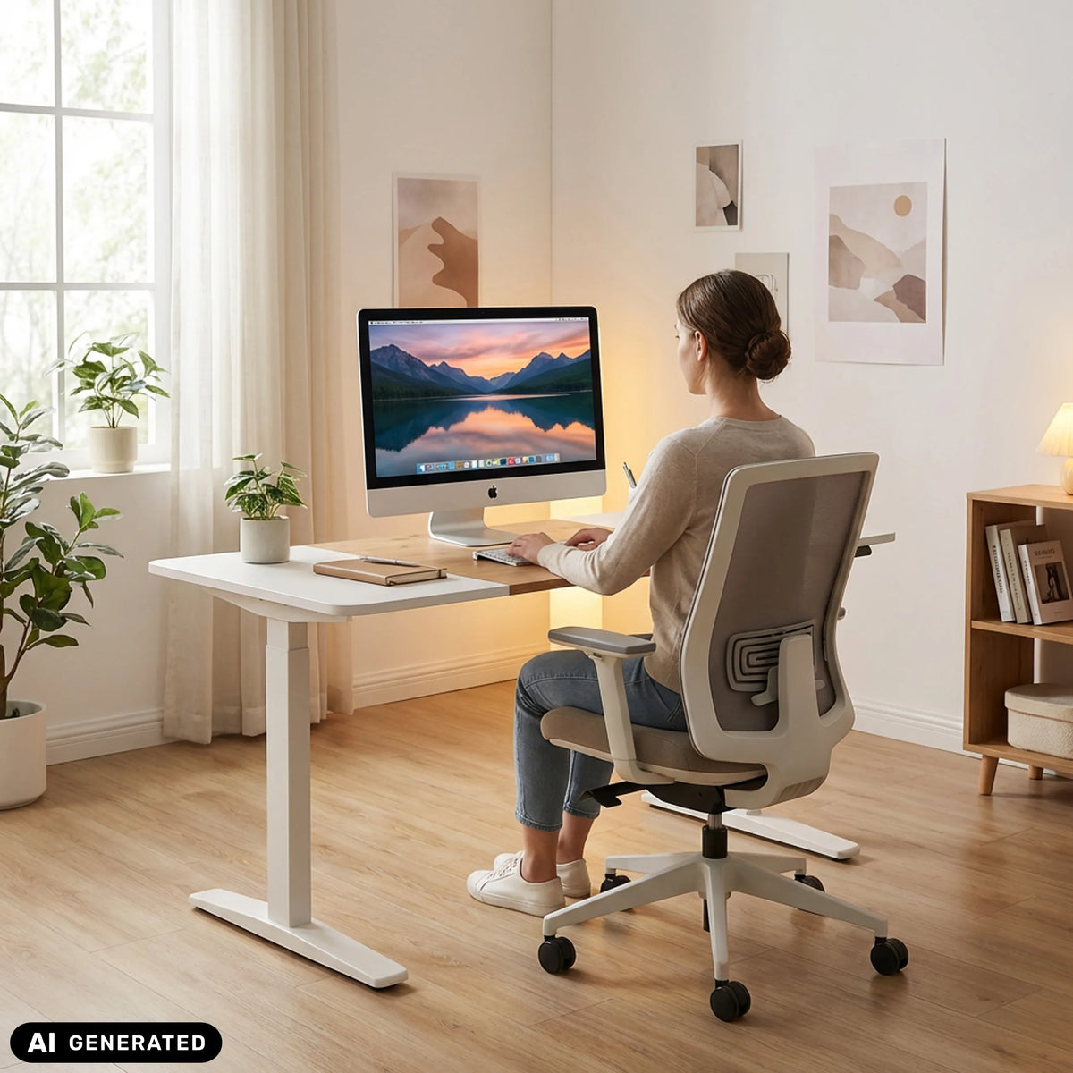 Elektrisch höhenverstellbarer Schreibtisch STAND T3 in Weiß und Eiche von hjh OFFICE (KI-generiertes Bild)