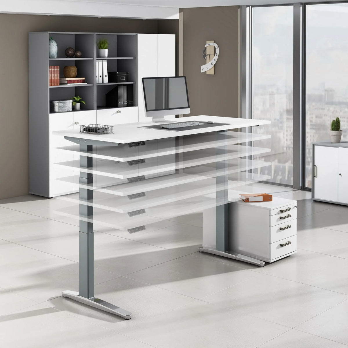 Elektrisch höhenverstellbarer Schreibtisch XBHM 12 SS in Asteiche mit weißer Tischplatte von hjh OFFICE PRO
