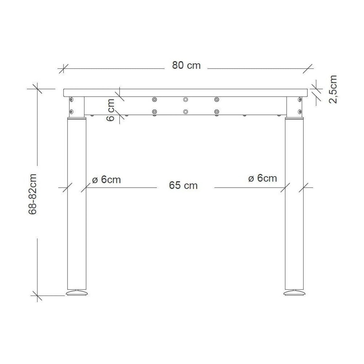 Maßzeichnung des Schreibtisches YAMA 16 S mit einer Breite von 80 cm und Höhe von 68-82 cm von hjh OFFICE PRO