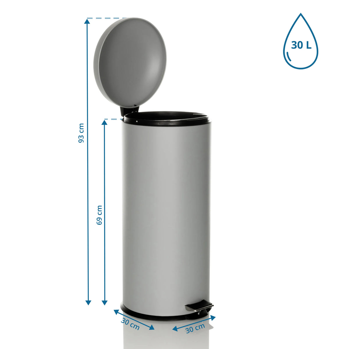 Maßzeichnung des Mülleimers CLEAN VIII mit einem Volumen von 30 l und einer Höhe von 69 cm von hjh OFFICE