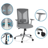 Grauer Profi-Bürostuhl HALIFAX mit Detailansichten zu Netzrücken, Armlehnen, Gasfeder und Rollen von hjh OFFICE
