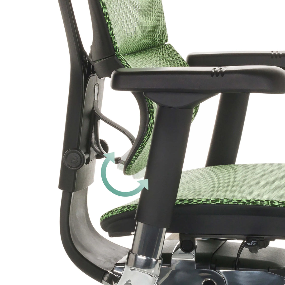 Verstellmechanismus der Armlehne am grünen Luxus-Chefsessel ERGOHUMAN SLIM GEN2 von hjh OFFICE