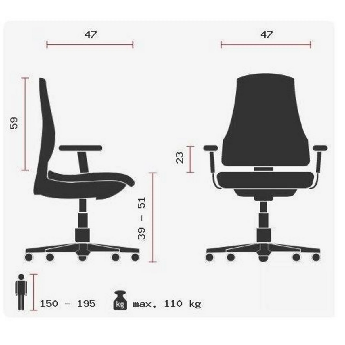 Technische Zeichnung des Profi-Bürostuhls HJH SOLUTION PRO AL.B2 mit einer maximalen Belastbarkeit von 110 kg von Topstar