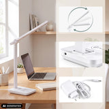 Weiße Schreibtischlampe Lumanova D1 mit verstellbarem Arm und Netzteil von hjh OFFICE (KI-generiertes Bild)