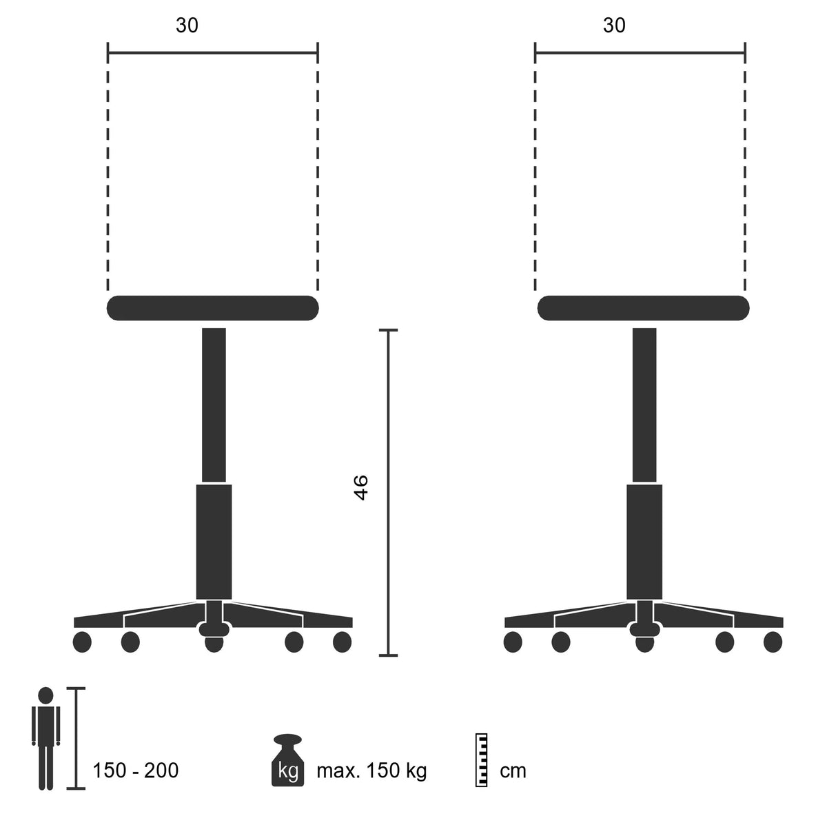 Technische Zeichnung des Bistrohockers VANTAGGIO mit einer Sitzbreite von 30 cm von hjh OFFICE