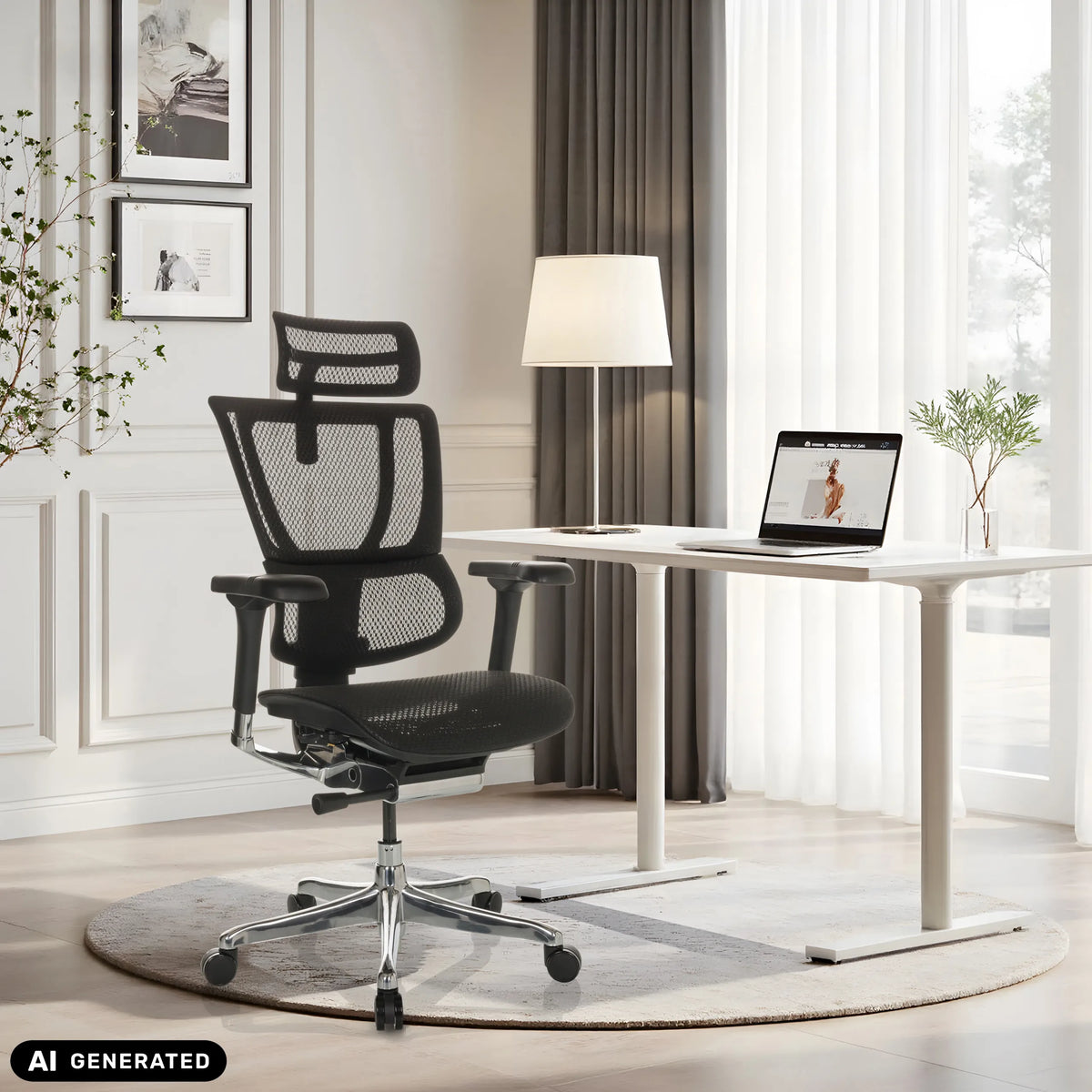 Luxus-Chefsessel ERGOHUMAN SLIM GEN2 mit Netzrücken in Schwarz vor einem Schreibtisch von hjh OFFICE (KI-generiertes Bild)