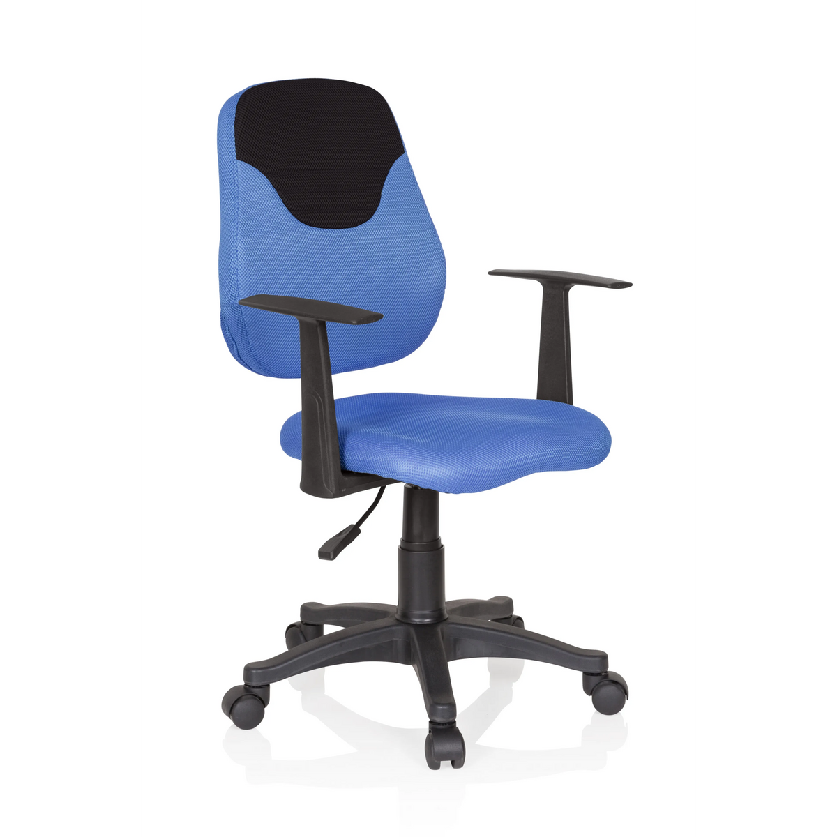 Blauer Kinderdrehstuhl KIDDY STYLE mit Netzrücken, Armlehnen und Fußkreuz mit fünf Rollen von hjh OFFICE – 360-Grad-Ansicht (schräge Frontansicht 40°)
