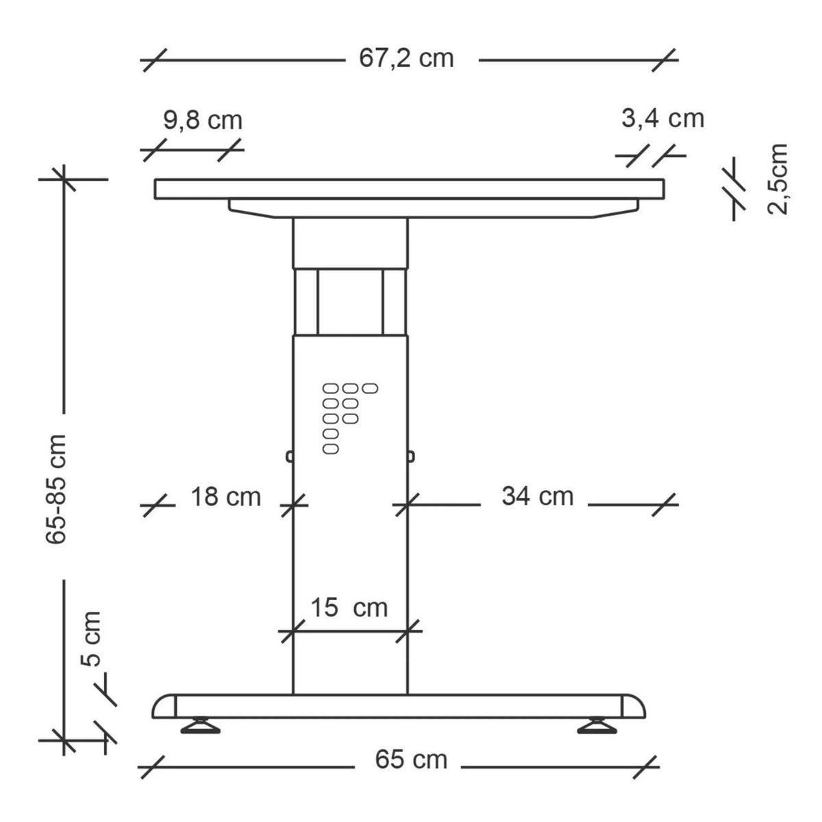 Maßzeichnung des höhenverstellbaren Schreibtischs MEGA 612 G mit einer Breite von 67,2 cm von hjh OFFICE PRO