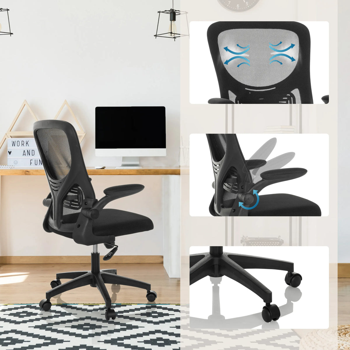 Homeoffice-Bürostuhl BELIO in Schwarz mit Netzrückenlehne, Verstellmechanismus und Rollenkreuz von hjh OFFICE