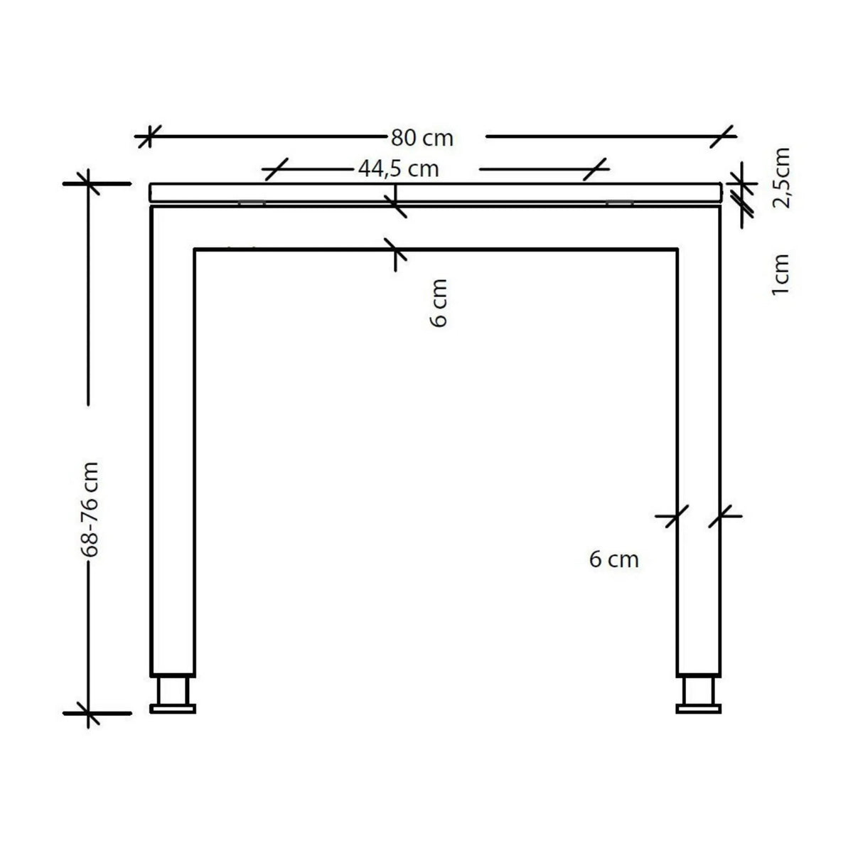 Maßzeichnung des Schreibtischs JAVA 16 S mit einer Breite von 80 cm und einer Höhe von 68-76 cm von hjh OFFICE PRO