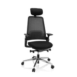 Schwarzer Profi-Bürostuhl BRACIO mit Netzrücken, Kopfstütze und Fußkreuz mit fünf Rollen von hjh OFFICE – 360-Grad-Ansicht (Frontansicht 20°)