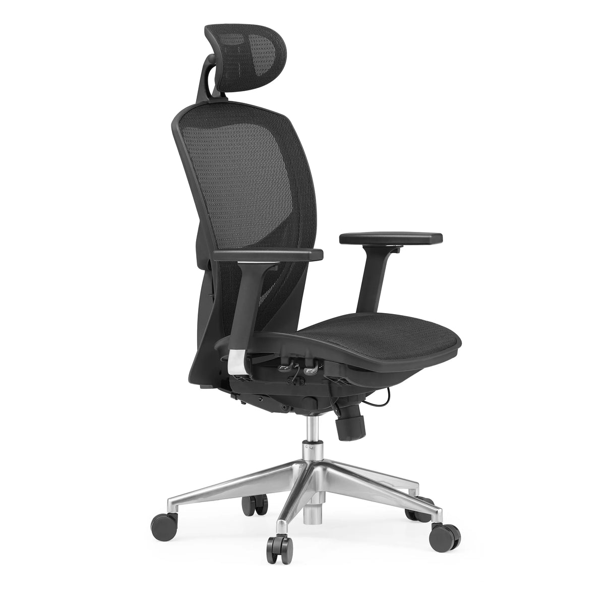 Schwarzer High-End-Bürostuhl VENUS ONE mit Netzrücken und Fußkreuz mit fünf Rollen von hjh OFFICE – 360-Grad-Ansicht (schräge Frontansicht 60°)