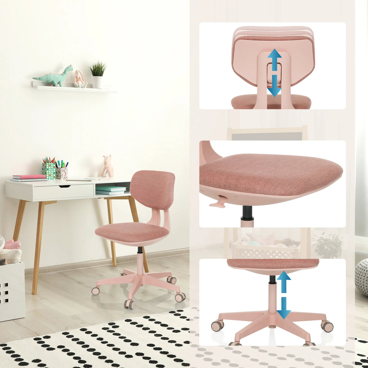 Höhenverstellbare Rückenlehne und Sitzfläche des Kinderdrehstuhls KID COLORE in Rosa von hjh OFFICE