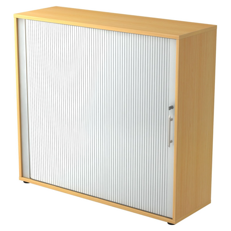 Rollladenschrank BETA R 1733S in Buche-Optik mit weißem Kunststoff-Rollladen und Relinggriff von hjh OFFICE PRO