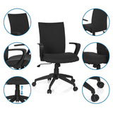 Homeoffice-Bürostuhl SOFT in Schwarz mit Detailansichten von Armlehne, Gasfeder und Rollen von hjh OFFICE