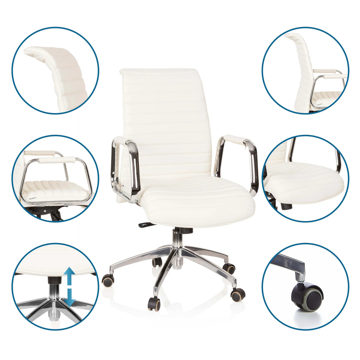 Profi-Chefsessel ASPERA 10 in Cremeweiß mit Detailansichten der Polsterung, Armlehnen, Gasfeder und Rollen von hjh OFFICE