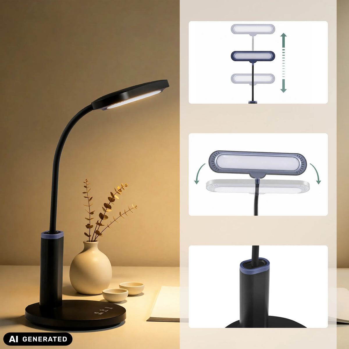 Verstellbare Schreibtischlampe Lumanova D4 in Schwarz von hjh OFFICE (KI-generiertes Bild)