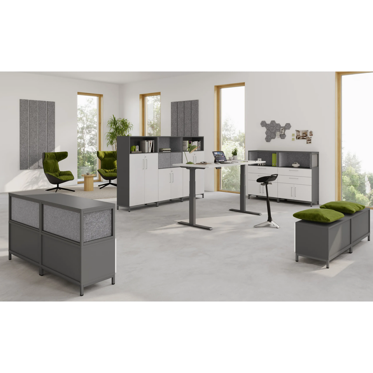 Aufsatzkorpus der Serie FlexWall in Graphit mit integrierten Regalfächern von hjh OFFICE PRO