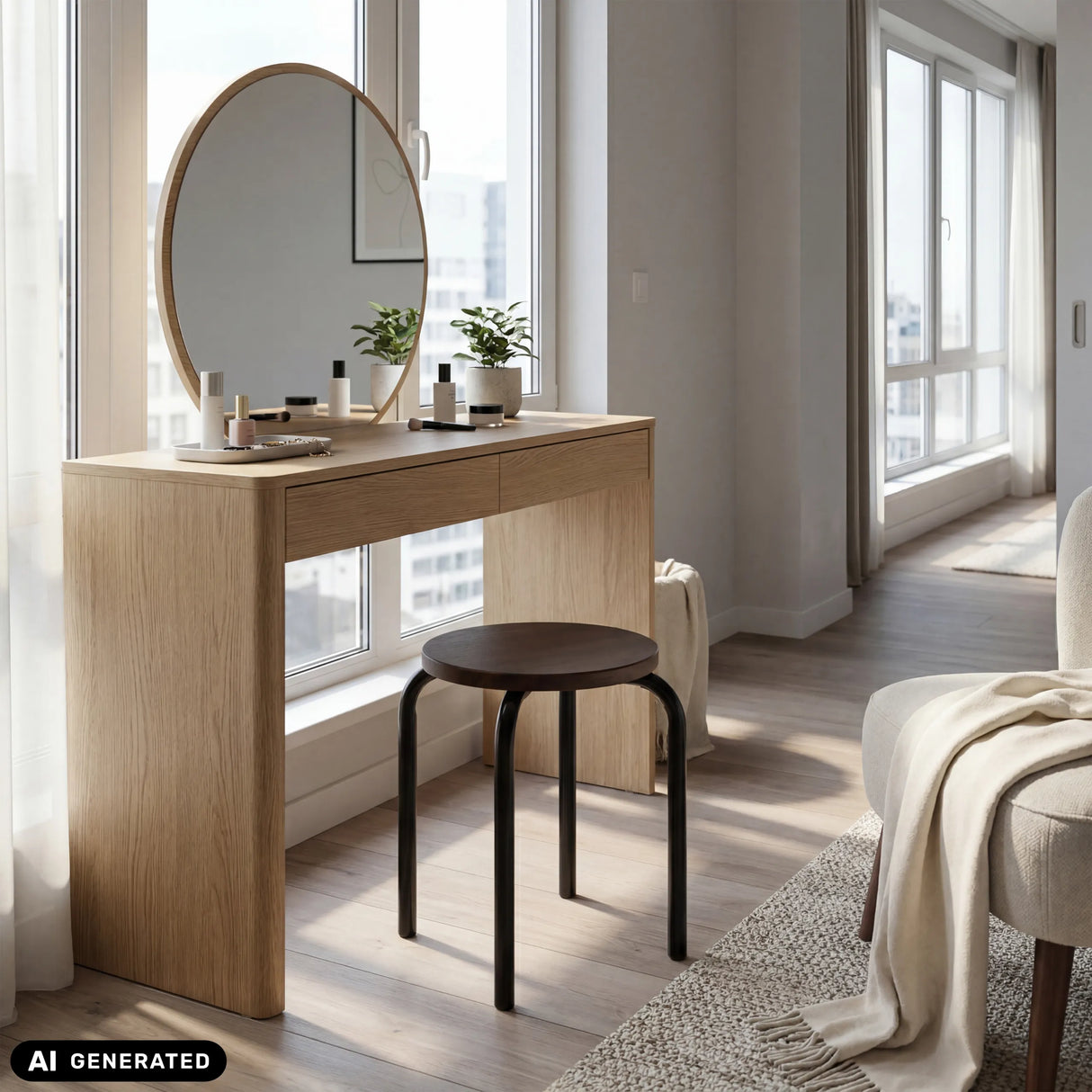Sitzhocker ALRANDA in Schwarz und Walnuss vor einem Schminktisch von hjh LIVING