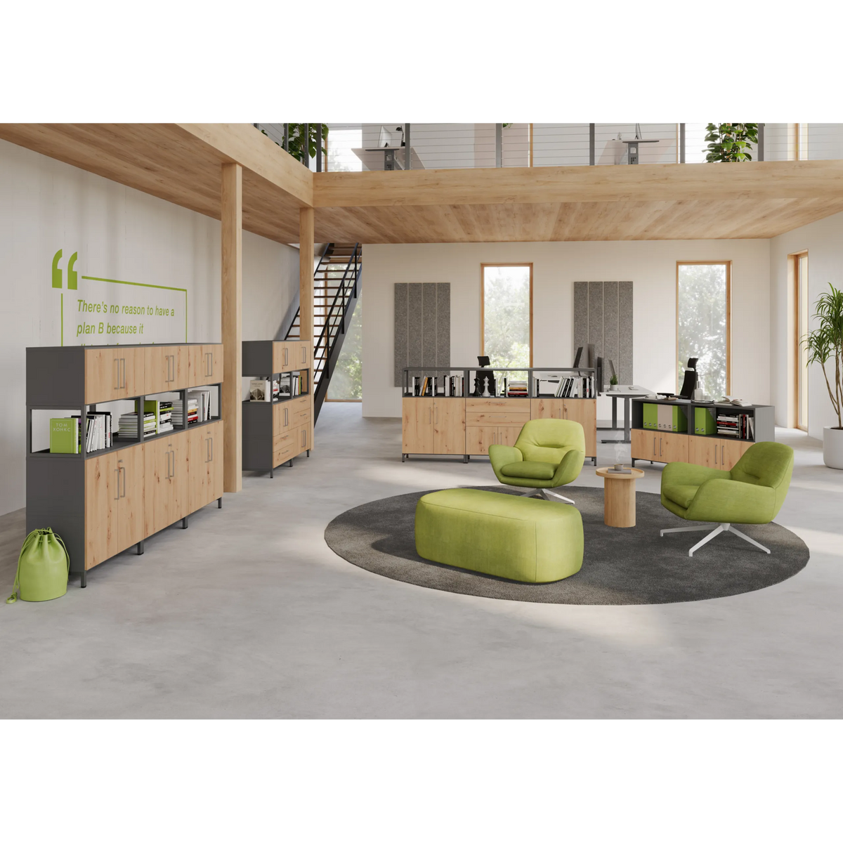 Modulares Regalsystem FlexWall in Graphit mit Holzelementen und Stellfüßen von hjh OFFICE PRO