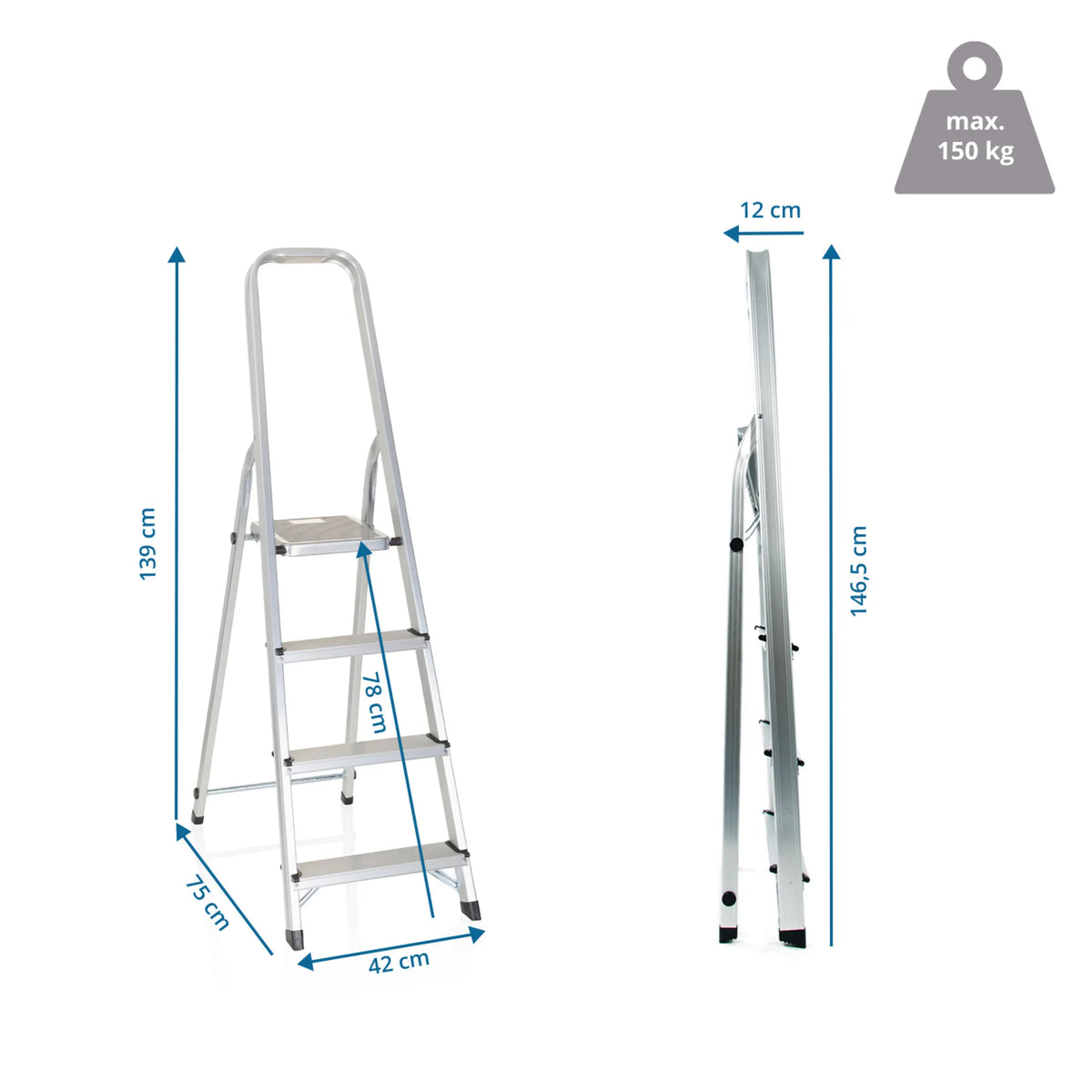 Maßzeichnung der Klappleiter SOLID II mit einer Höhe von 139 cm und einer Belastbarkeit von 150 kg von hjh OFFICE