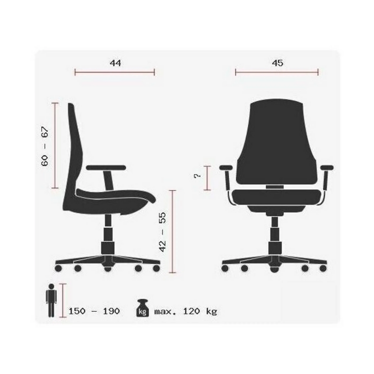 Technische Zeichnung des Profi-Bürostuhls ERGO SYDNEY mit einer Belastbarkeit von max. 120 kg von Topstar