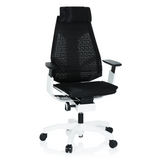 Schwarzer High-End-Bürostuhl GENIDIA PRO WHITE mit Netzrücken und weißem Fußkreuz mit fünf Rollen von hjh OFFICE – 360-Grad-Ansicht (Frontansicht 20°)