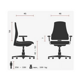 Technische Zeichnung des Profi-Bürostuhls LADY SITNESS C K2 mit einer maximalen Belastbarkeit von 100 kg von Topstar