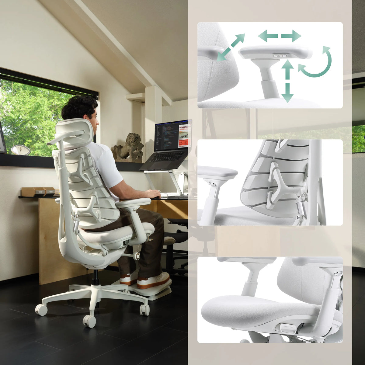 Weißer High-End-Bürostuhl LiberNovo Omni Gen mit Detailansichten der verstellbaren Armlehnen und Rückenlehne von Libernovo