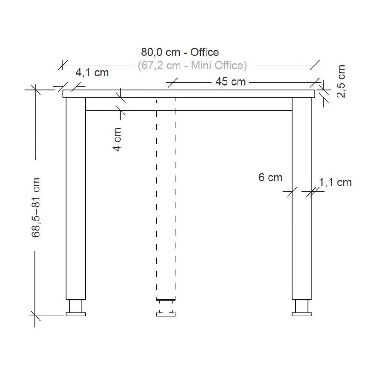 Maßzeichnung des Schreibtischs QUEO 16 S der Serie QUEO mit einer Breite von 80,0 cm von hjh OFFICE PRO